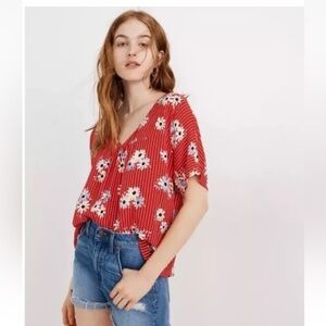 Madewell Shirt Womens Extra Small XS Red Striped Floral Rhyme Top Daisy Society